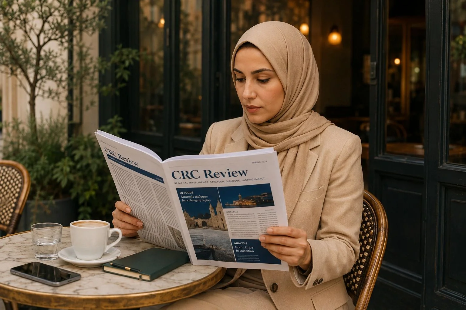 A contributor reading a copy of CRC Review at a Tunis cafe