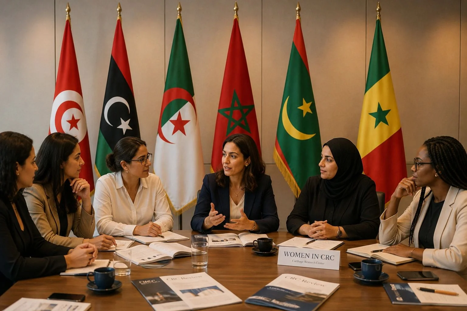 Founding contributors meeting around a table, with flags of Tunisia, Libya, Algeria, Morocco, Mauritania and Senegal in the background