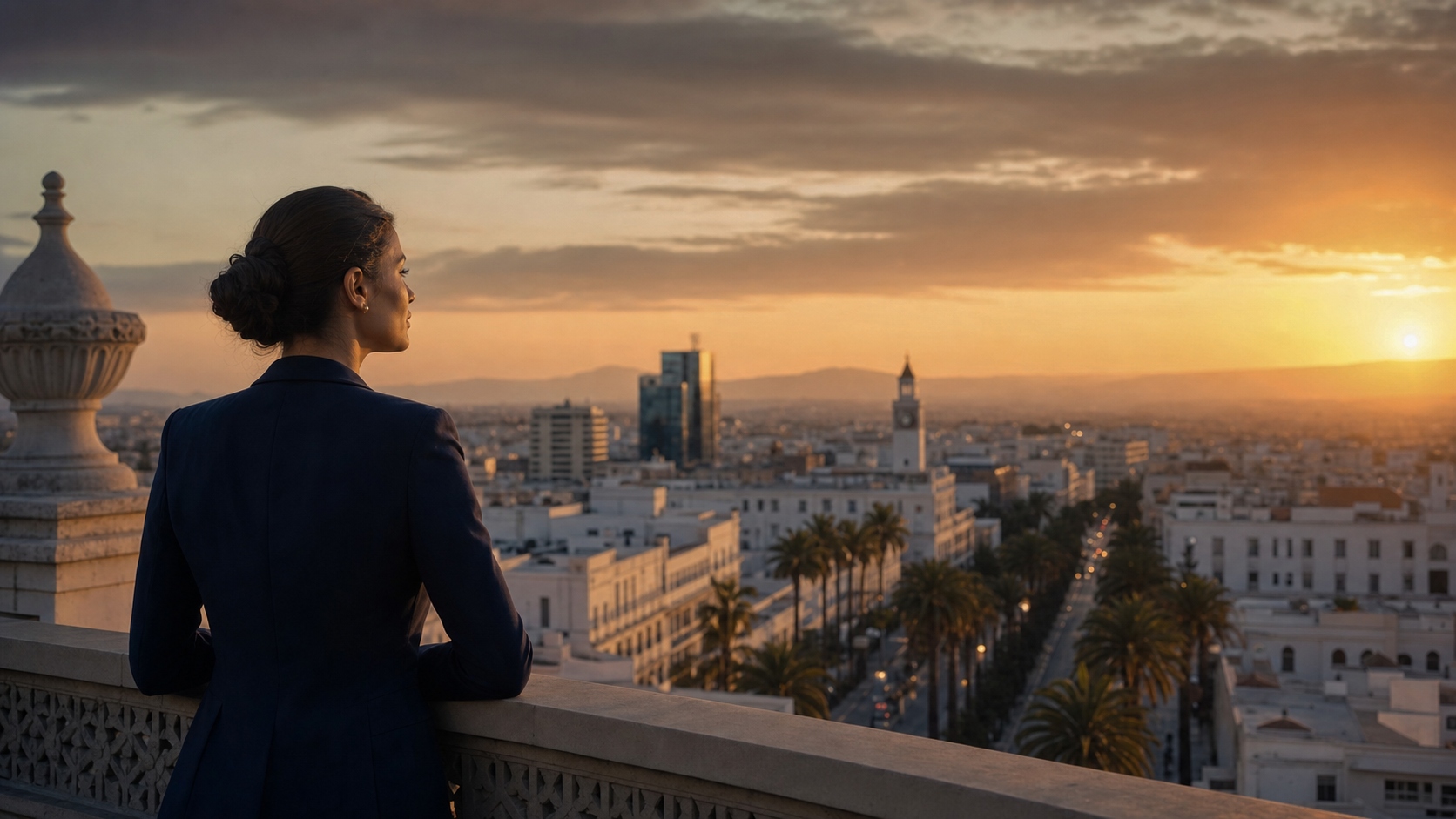 Woman on a Tunis rooftop terrace at sunset overlooking Habib Bourguiba Avenue